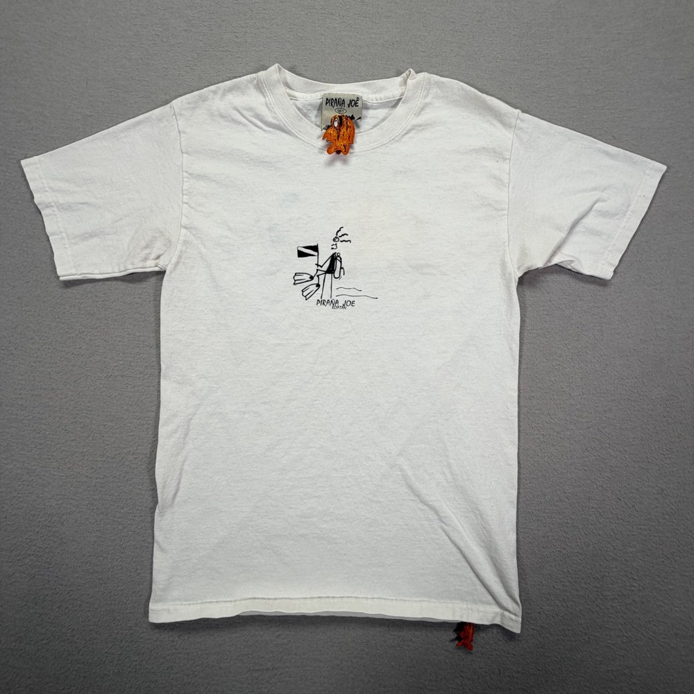 Pirana Joe Mens T-Shirt Regular White Scuba Diving Roatan Graphic Small